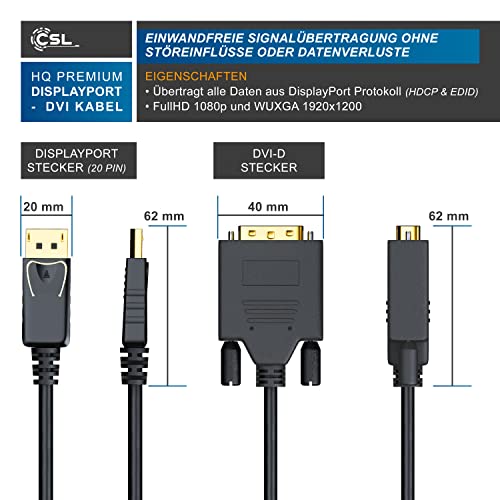 CSL – 2m (Meter) HQ Premium DisplayPort (DP) auf DVI Kabel | Zertifiziert / HDCP und EDID | Full HD Ausflösung | 24K vergoldete Kontakte / 3 fach Schirmung | Grafikkarten / Apple und PC / Beamer / Monitor - 2