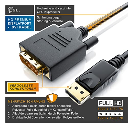 CSL – 2m (Meter) HQ Premium DisplayPort (DP) auf DVI Kabel | Zertifiziert / HDCP und EDID | Full HD Ausflösung | 24K vergoldete Kontakte / 3 fach Schirmung | Grafikkarten / Apple und PC / Beamer / Monitor - 3