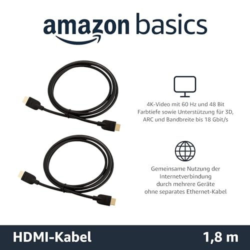 AmazonBasics Hochgeschwindigkeits-HDMI-Kabel 2.0, Ethernet, 3D, 4K-Videowiedergabe und ARC, 1.8m - 2
