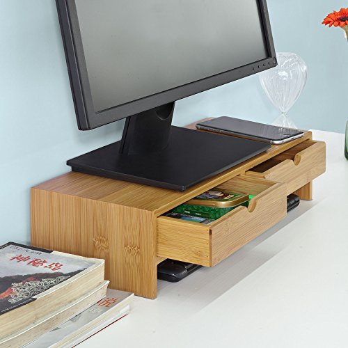 SoBuy® FRG198-N Monitor Bildschirm Ständer Monitorerhöhung Bildschirmerhöher Monitorständer Tischaufsatz aus Bambus mit 2 Schubladen -